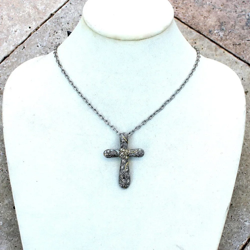 Gold Accent Organic Natural Design Clear Crystal Silver Cross Chain Necklace